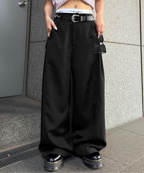 スラックス パンツ サイドタックラメスラックス レディース メンズ