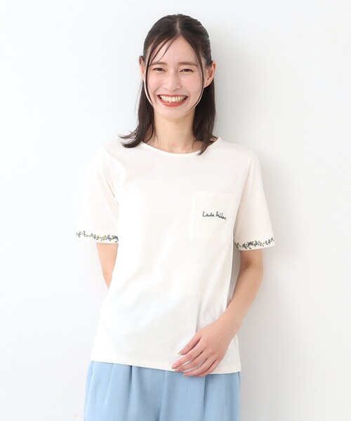 tシャツ 「コットン100％／刺繍入り／3colors」エラビー スプリッグ柄 Tシャツ レディース