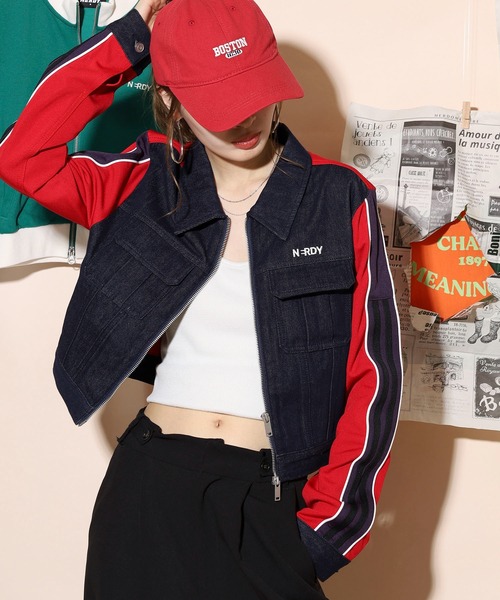 NERDY デニムトラッカートラックトップス  M NERDY ジャージ デニムミックストラックトップ レディース