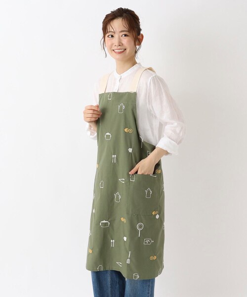 インド刺繍 ロングワンピース風 おしゃれエプロン 5点セット 体型カバー No2 花柄H型エプロン エプロン ゆったり 綿 コットン シンプル