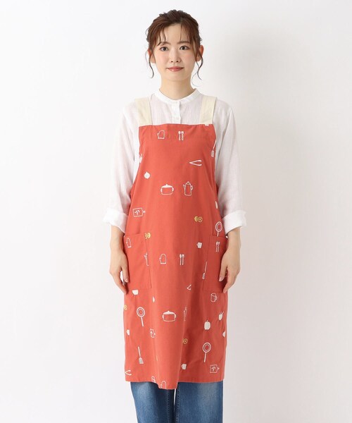 インド刺繍 ロングワンピース風 おしゃれエプロン 5点セット 体型カバー No2 花柄H型エプロン エプロン ゆったり 綿 コットン シンプル