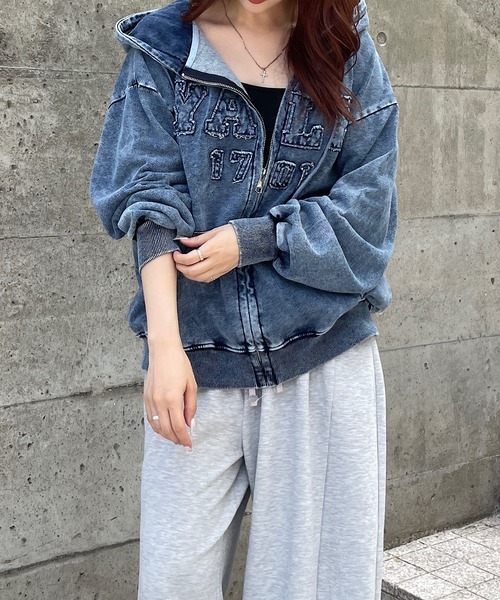パーカーデニム丈長☆ジッパー Roger&Raw パーカー デニムジップアップパーカー レディース