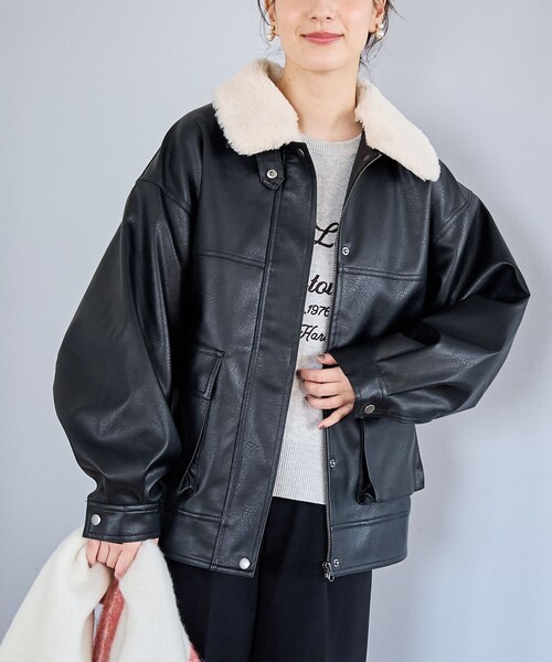 タイプB３　黒レザーアウター ボア襟付き coen（コーエン） ブルゾン アウター ボア襟付きレザーライク