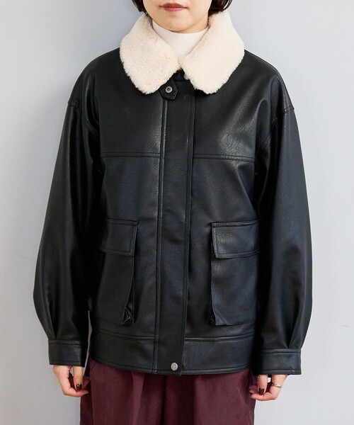 coen（コーエン） ブルゾン アウター ボア襟付きレザーライク