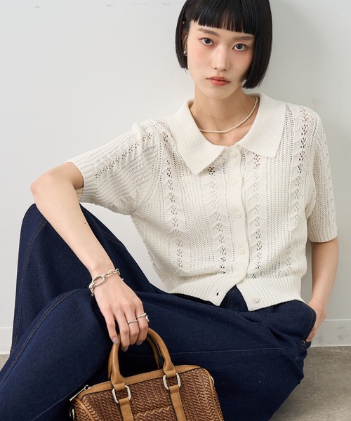 NOGLE カーディガン 半袖 「NOGLE/ノグル」襟付き透かし編みサマー