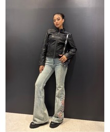 銀座マギー★カウレザー ライダースジャケット ノーカラー フリル 本革 ブラック Desigual（デシグアル） レザージャケット ライダース × Nicki Nicole