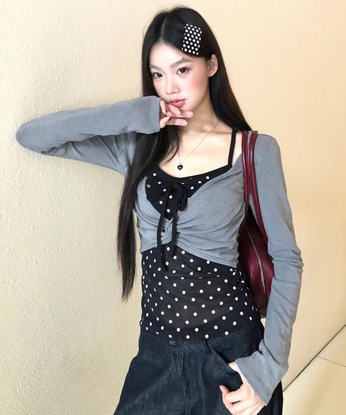 AsheKsha tシャツ グレー×黒ドットトップス レディース : ZOZOTOWN
