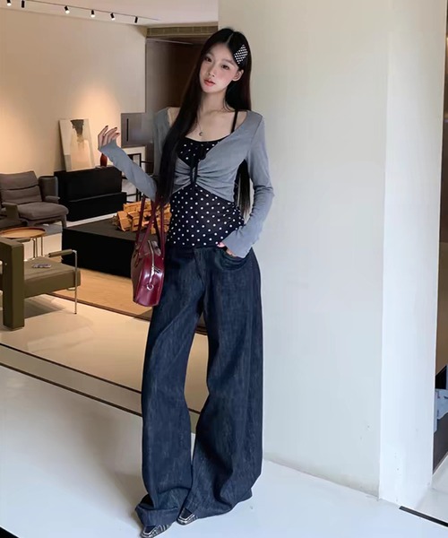 AsheKsha tシャツ グレー×黒ドットトップス レディース : ZOZOTOWN