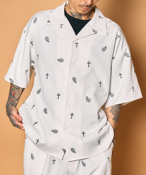 Subciety（サブサエティ） シャツ 半袖 All-over embroidered shirt