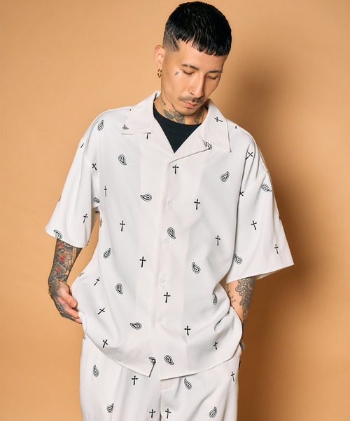 ☆Subciety 天使柄 半袖シャツ オープンカラー XS レア　美品 Subciety（サブサエティ） シャツ 半袖 All-over embroidered shirt
