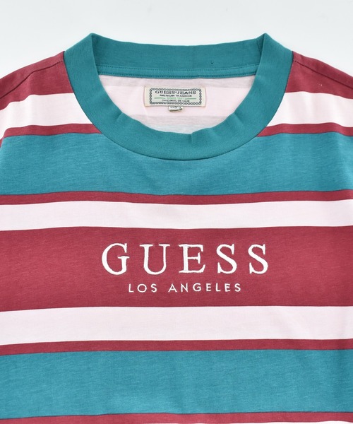 【90s/Y2K】GUESSゲス鹿の子 マルチボーダー 長袖TシャツL USA製 GUESS（ゲス） tシャツ 「USED」GUESS ロゴ マルチボーダー Tシャツ