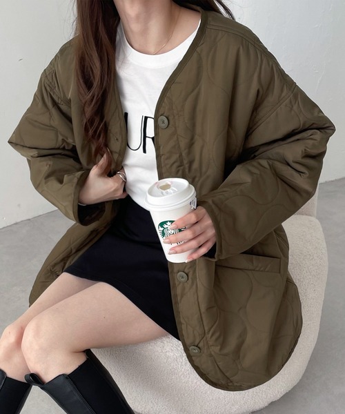 美品 アドーア ADORE キルティング ノーカラージャケット キルト 入学式 楽天市場】ノーカラーボア切替キルトコート アウター コート