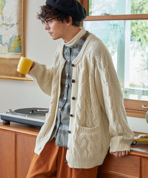 STONE  フィッシャーマンリブフーディ カーディガンM ベージュ カーディガン フィッシャーマンクルーネックニットカーディガン