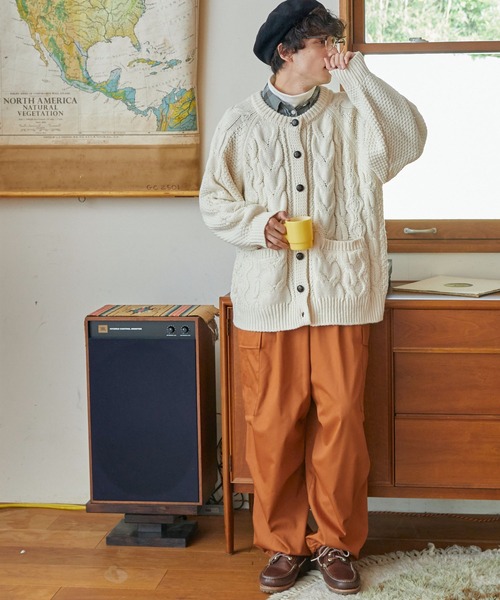 STONE  フィッシャーマンリブフーディ カーディガンM ベージュ カーディガン フィッシャーマンクルーネックニットカーディガン