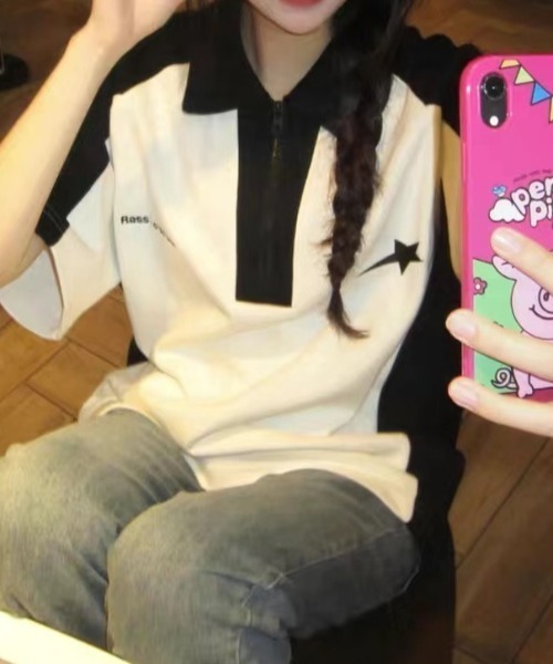 tシャツ （ワイドシルエット）カラーブロックハーフジップ半袖シャツ レディース 楽天市場】ハーフジップ 半袖 レディース（Tシャツ・カットソー