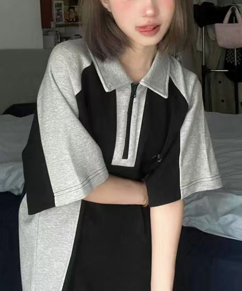 tシャツ バイカラー ワンポイントプリント ルーズシルエット