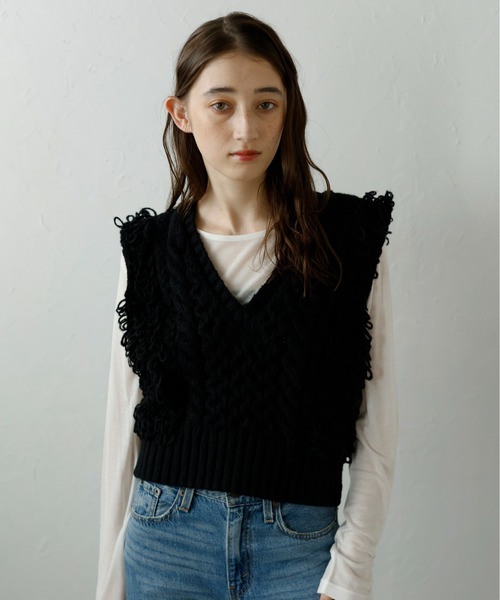 MINERTE ベスト ジレ 「MINERTE」fringe bulky knit vest