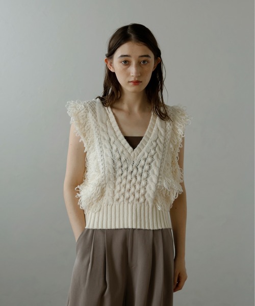 ベスト ジレ 「MINERTE」fringe design knit vest / フリンジデザインVネックニットベスト レディース MINERTE ベスト ジレ 「MINERTE」fringe bulky knit vest