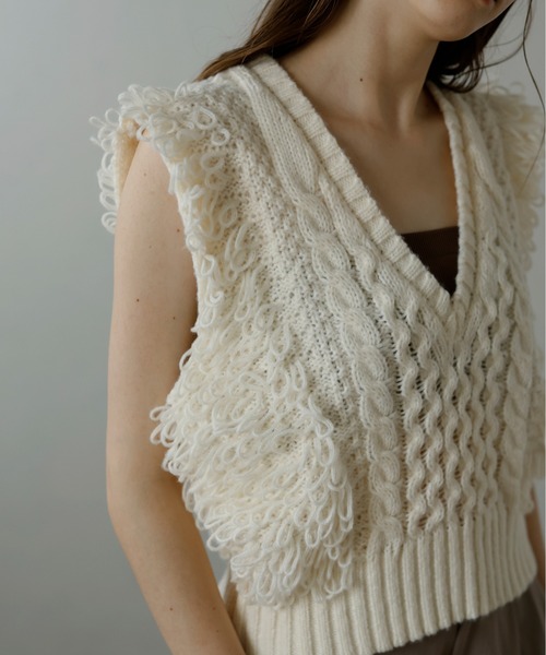 ベスト ジレ 「MINERTE」fringe design knit vest / フリンジデザインVネックニットベスト レディース MINERTE ベスト ジレ 「MINERTE」fringe bulky knit vest