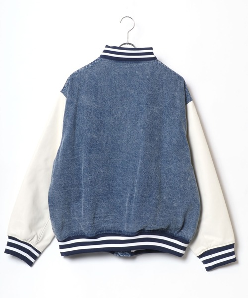 美品 00s CONVERSE 袖レザー スタジャン ビッグアーチロゴ刺繍 紺系 美品 00s CONVERSE 袖レザー スタジャン ビッグアーチロゴ刺繍 紺系