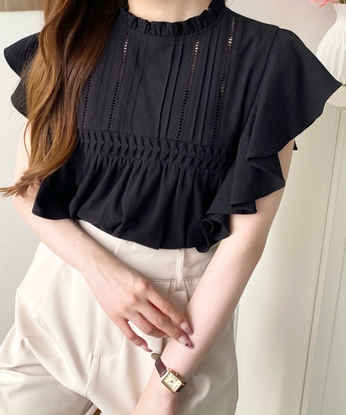 moment+ ブラウス シャツ コットンワッシャーフリルスリーブ半袖