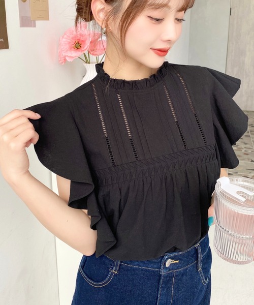 美品 セオリー ブラウス シャツ 半袖 ブラック フリル袖 レディース S,7号 moment+ ブラウス シャツ コットンワッシャーフリルスリーブ半袖