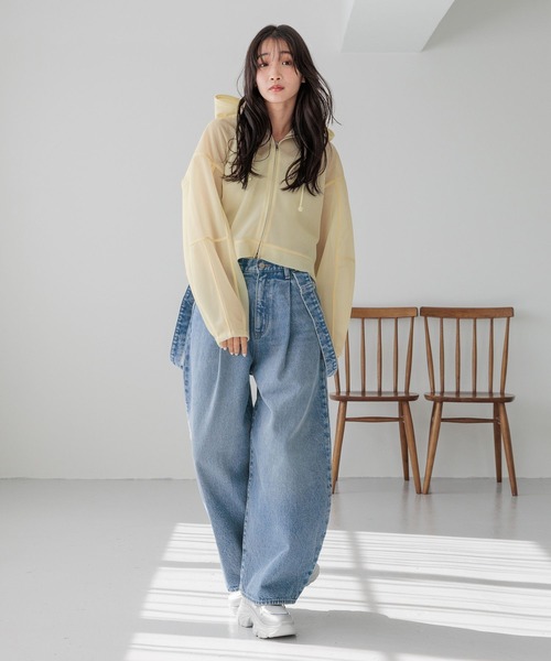 【◡̈♡y】エイミーロウ シャーリングスリーブシアーパーカー 黄 Eimee Law（エイミーロウ）の「シャーリングスリーブ フーディーシアー