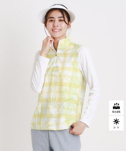 tシャツ UVカット/吸水速乾 フラワーチェックハーフジッププルオーバー レディース