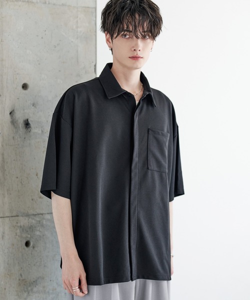 梨地真黒 シャツ 梨地レギュラーカラー半袖比翼シャツ メンズ レディース