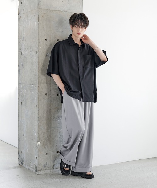 半袖 シャツ メンズ 比翼 ボタン 立襟 スリーブ 2色 SITRY シャツ Polyester twill Fly front shirt/別注 ドレープ