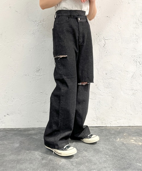 [apres jour mignon] повреждение обработка Denim брюки MEDIUM черный женский 