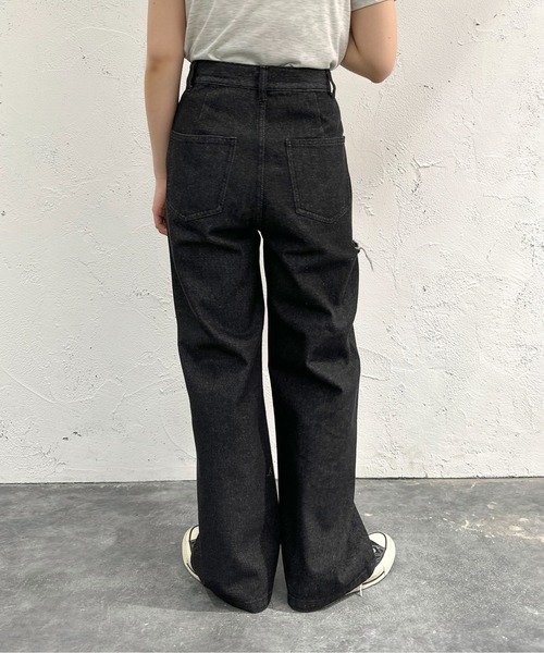 [apres jour mignon] повреждение обработка Denim брюки MEDIUM черный женский 