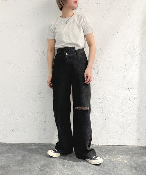 [apres jour mignon] повреждение обработка Denim брюки MEDIUM черный женский 