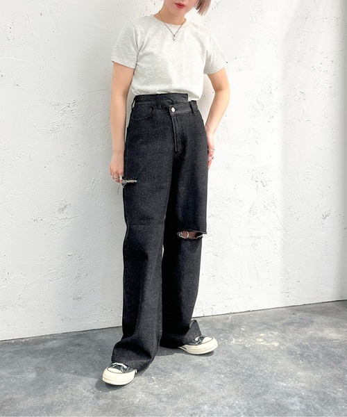 [apres jour mignon] повреждение обработка Denim брюки MEDIUM черный женский 
