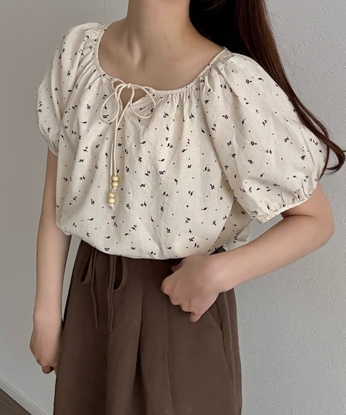 ブラウス Tシャツ トップス レディース 大きいサイズ 半袖 ボリュームスリーブ カシュクール フリル 花柄 薔薇 華やか エレガント ホワイト お洒落 GOLDJAPAN 大きいサイズ レディース トップス ブラウス シャツ