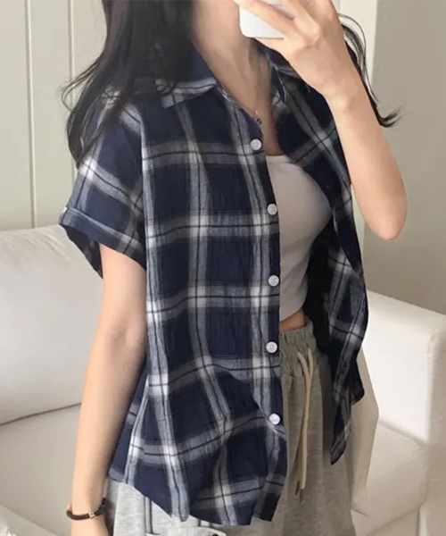 Aelina ブラウス シャツ 半袖襟付きチェック柄シャツ レディース