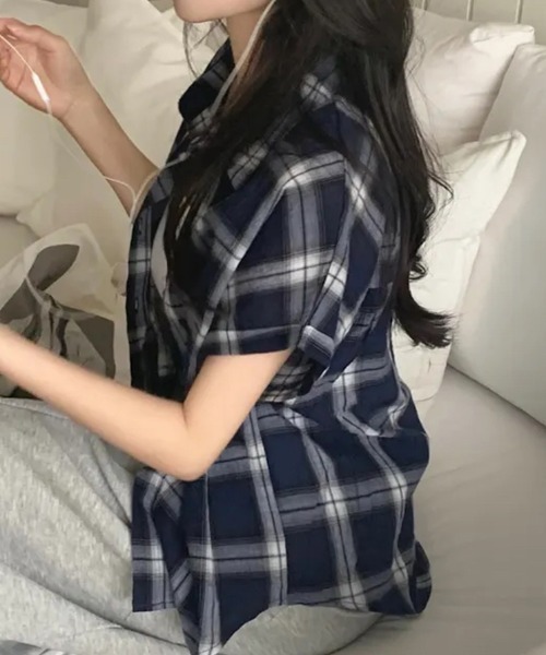 Aelina ブラウス シャツ 半袖襟付きチェック柄シャツ レディース