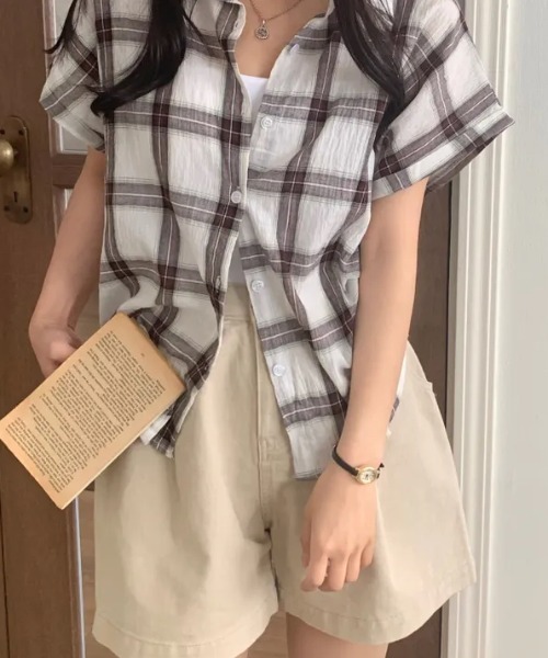 Aelina ブラウス シャツ 半袖襟付きチェック柄シャツ レディース