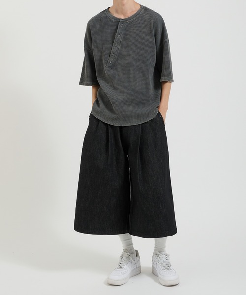 Perushu ジーンズ スタッズデザイン ワイドハーフパンツ メンズ