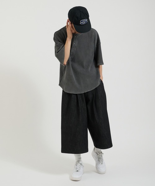 Perushu ジーンズ スタッズデザイン ワイドハーフパンツ メンズ