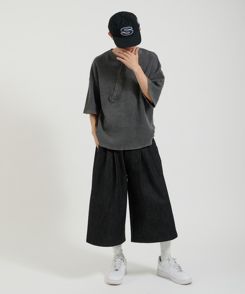 Perushu ジーンズ スタッズデザイン ワイドハーフパンツ メンズ