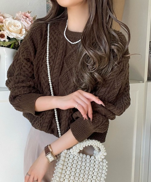 カシミヤ混 アランニット ケーブルニット 黒 肉厚 ローゲージ ドゥロワー カシミヤ混 アランニット ケーブルニット 黒 肉厚