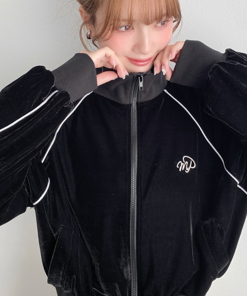 moment+ ブルゾン アウター ワンポイント刺繍配色ラインベロアトラック