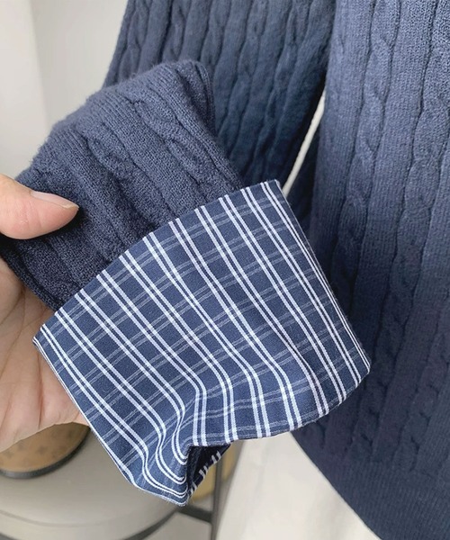 frunco ニット セーター チェック襟付きワンポイント刺繍ニット