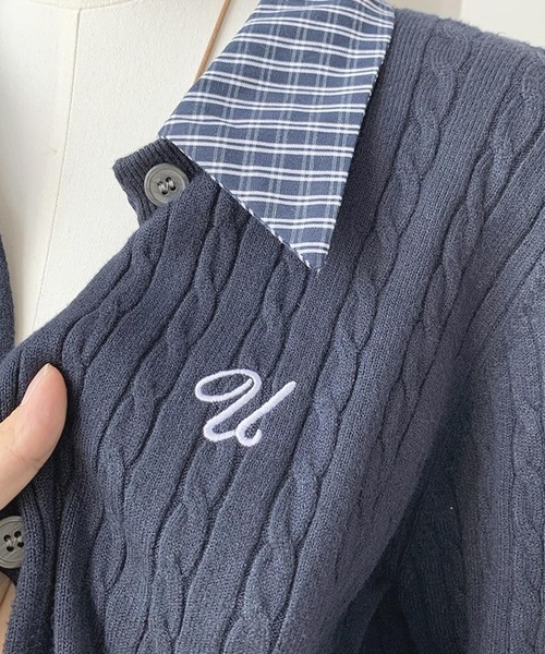 frunco ニット セーター チェック襟付きワンポイント刺繍ニット