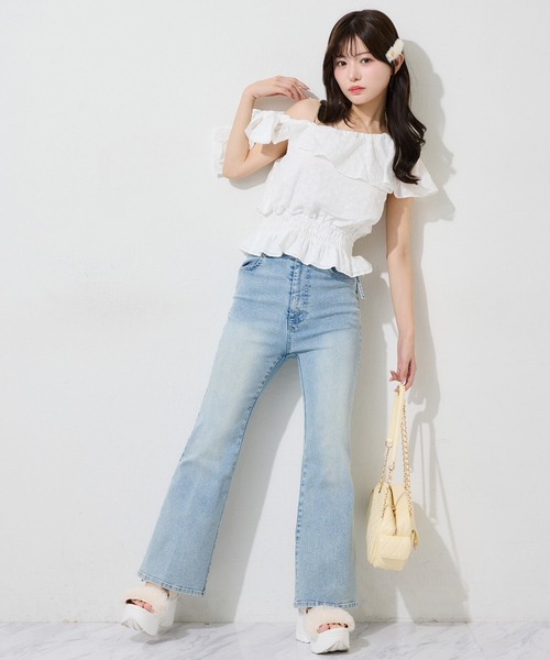 ジーンズ デニム デニムパンツ 「選べる4サイズ展開」サイドカット美脚ビジューデニムパンツ レディースの画像