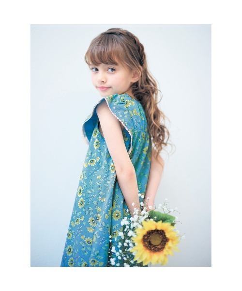 ひまわりメッシュフリフリワンピース見本 GITA ワンピース ひまわり柄肩フリルワンピース キッズ 子供服 女の子