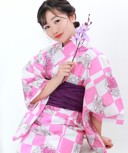 7〜10歳浴衣＋帯＋下駄3点セット KYOETSU 浴衣 女の子 子供 3点セット( + 帯 下駄 ) レトロB