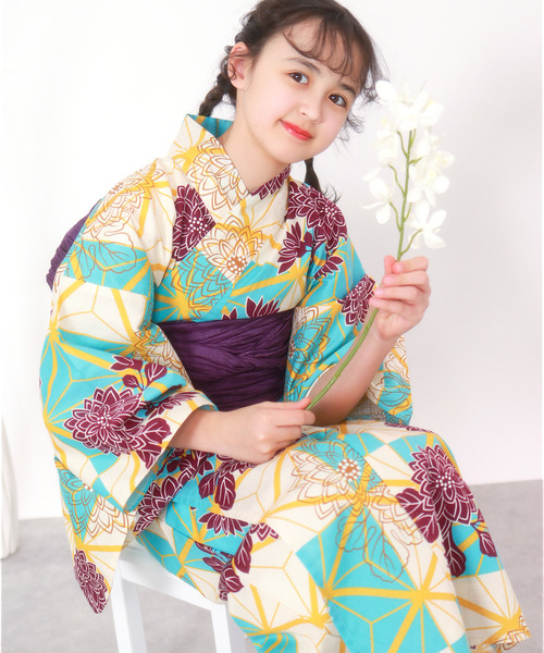 7〜10歳浴衣＋帯＋下駄3点セット KYOETSU 浴衣 女の子 子供 3点セット( + 帯 下駄 ) レトロB