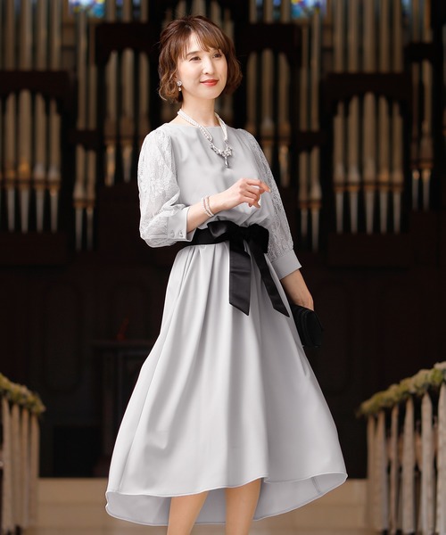 PourVous ドレス 結婚式ワンピースドレスミモレ丈と七分袖